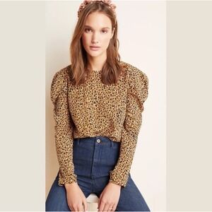 Anthropologie‎ Dolan Animal Print Top Long Sleeve Blouse Cheetah Black Tan Large